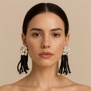 Statement Pearl and Black Tassel Clip-On Earrings Luxury Couture Style